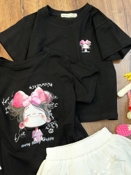 Áo phông Size 3-7Y in hình cô gái Win-Win cộc tay 3 màu đen, trắng, hồng