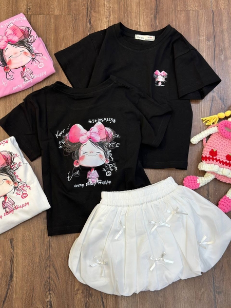 Áo phông Size 3-7Y in hình cô gái Win-Win cộc tay 3 màu đen, trắng, hồng