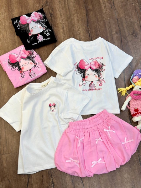 Áo phông Size 8-14Y in hình cô gái Win-Win cộc tay 3 màu đen, trắng, hồng