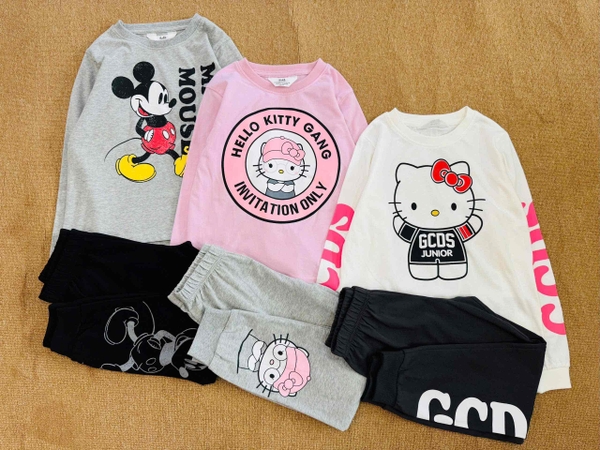 Bộ dài tay cotton Hiunikids 6 mẫu bé trai, bé gái Melody, Kitty, Mickey Paris, Thỏ