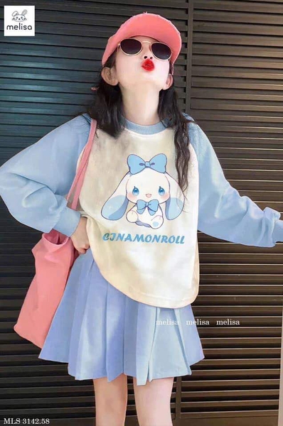 Bộ nỉ Cinnamoroll dài tay raglan trắng xanh kèm chân váy hãng Melisa