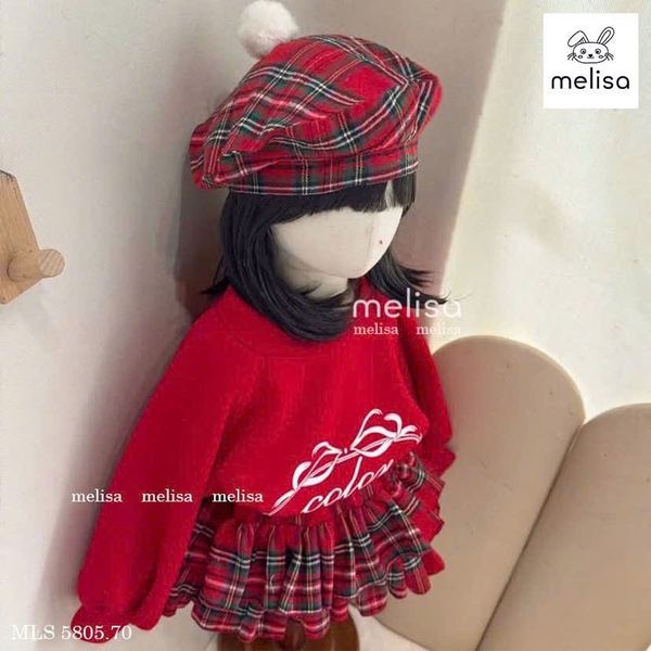 Bộ áo nỉ dài tay đỏ Melisa hình nơ chân váy kẻ caro 2 tầng