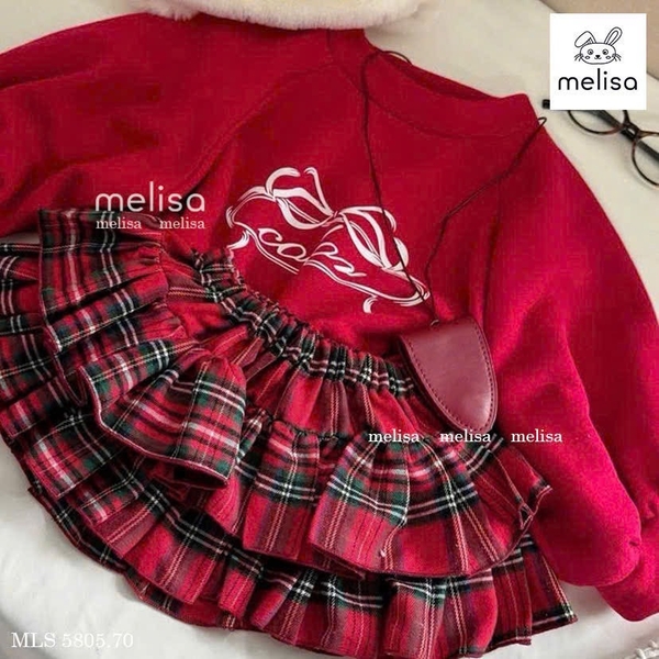 Bộ áo nỉ dài tay đỏ Melisa hình nơ chân váy kẻ caro 2 tầng