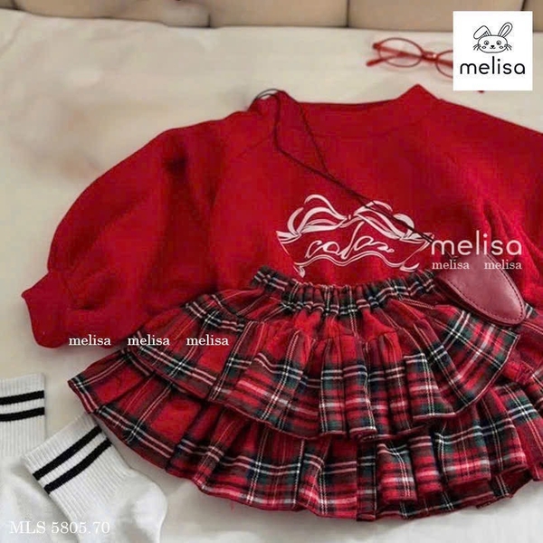 Bộ áo nỉ dài tay đỏ Melisa hình nơ chân váy kẻ caro 2 tầng