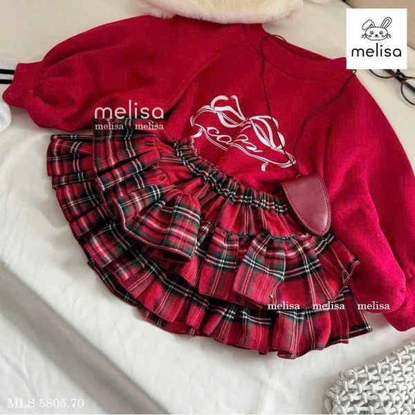 Bộ áo nỉ dài tay đỏ Melisa hình nơ chân váy kẻ caro 2 tầng
