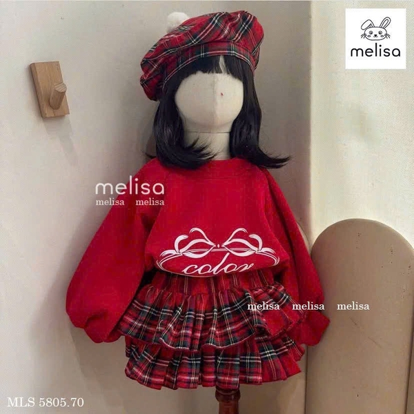 Bộ áo nỉ dài tay đỏ Melisa hình nơ chân váy kẻ caro 2 tầng