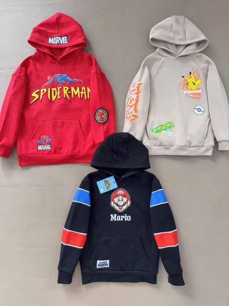 Bộ nỉ dài tay áo hoodie Primark bé trai 3 mẫu Spiderman, Mario, Pokemon