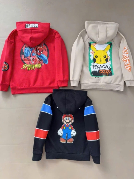 Bộ nỉ dài tay áo hoodie Primark bé trai 3 mẫu Spiderman, Mario, Pokemon