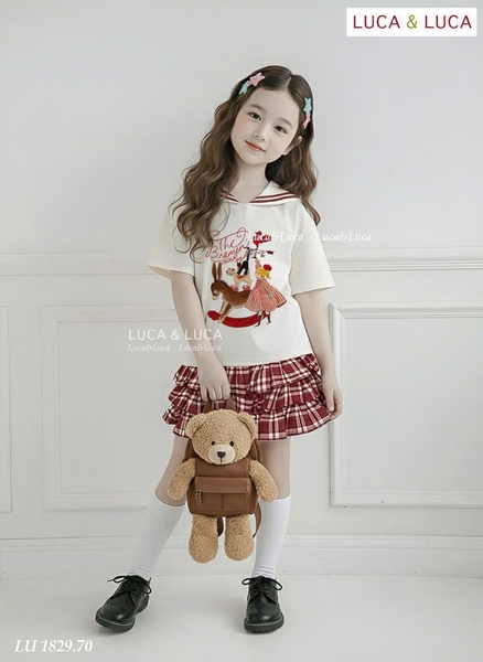 Bộ cộc tay Luca&Luca cổ thuỷ thủ áo be rạp xiếc chân váy kẻ caro tầng đỏ