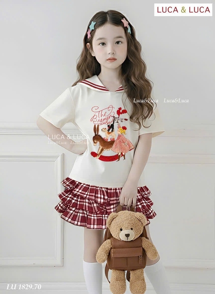 Bộ cộc tay Luca&Luca cổ thuỷ thủ áo be rạp xiếc chân váy kẻ caro tầng đỏ