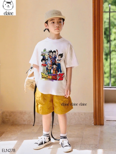 Bộ Dragon Ball Elaine áo cộc tay trắng mix quần short kaki vàng