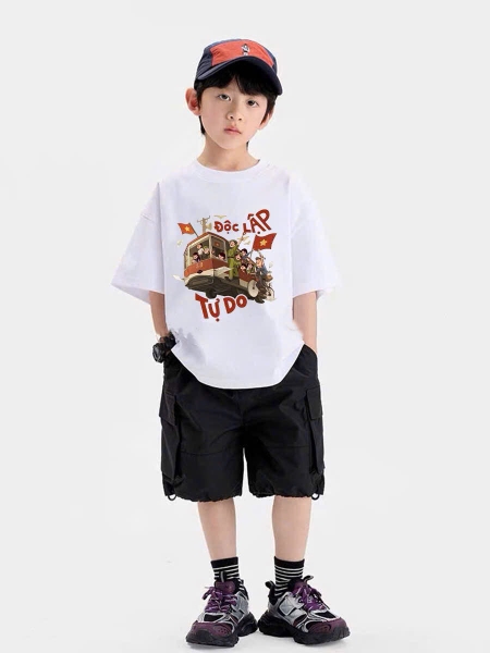 Bộ cotton Elaine cộc tay áo TRẮNG Độc lập tự do mix quần kaki đen