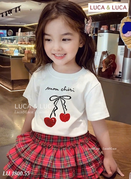 Bộ cộc tay Mon Cheri LUCA&LUCA áo trắng chân váy caro đỏ 3 tầng