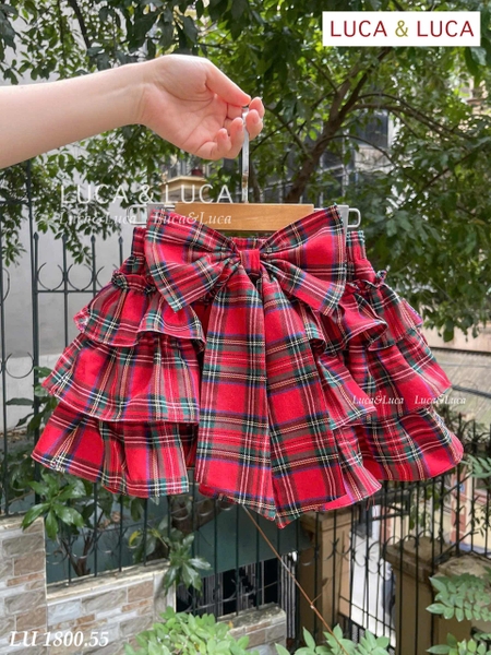 Bộ cộc tay Mon Cheri LUCA&LUCA áo trắng chân váy caro đỏ 3 tầng