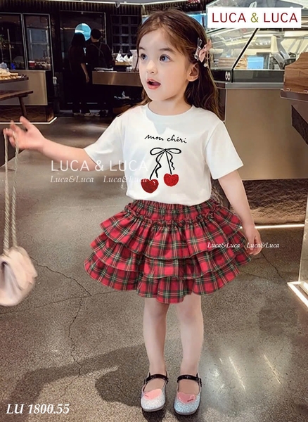 Bộ cộc tay Mon Cheri LUCA&LUCA áo trắng chân váy caro đỏ 3 tầng