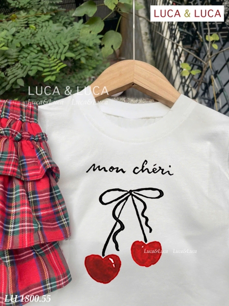 Bộ cộc tay Mon Cheri LUCA&LUCA áo trắng chân váy caro đỏ 3 tầng
