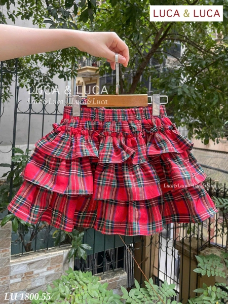 Bộ cộc tay Mon Cheri LUCA&LUCA áo trắng chân váy caro đỏ 3 tầng