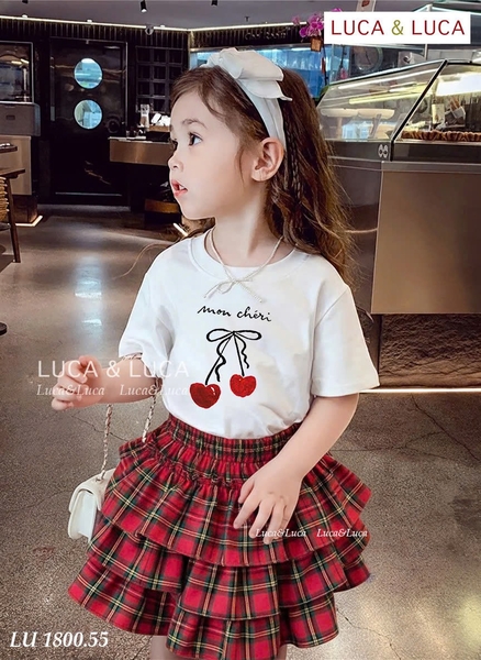 Bộ cộc tay Mon Cheri LUCA&LUCA áo trắng chân váy caro đỏ 3 tầng