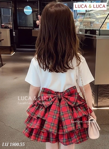 Bộ cộc tay Mon Cheri LUCA&LUCA áo trắng chân váy caro đỏ 3 tầng