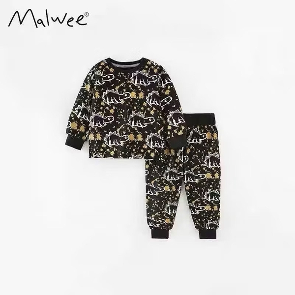 Bộ cotton Malwee dài tay màu đen hoạ tiết khủng long vàng