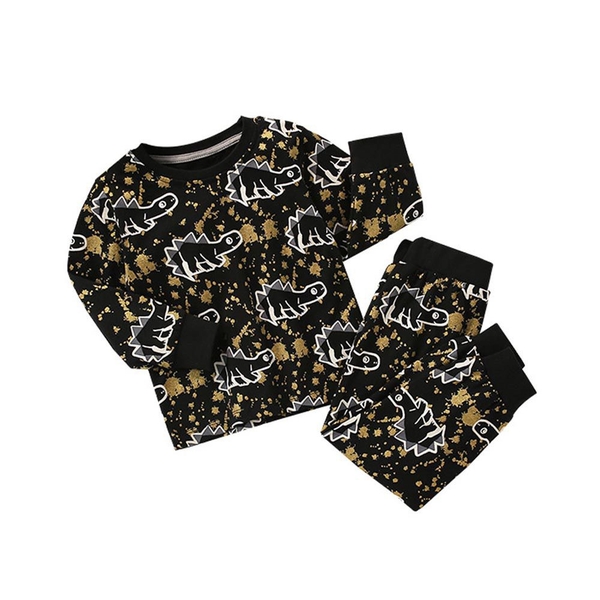 Bộ cotton Malwee dài tay màu đen hoạ tiết khủng long vàng