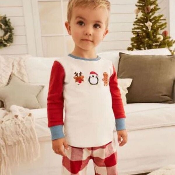 Bộ cotton Malwee Giáng sinh trắng phối đỏ quần caro