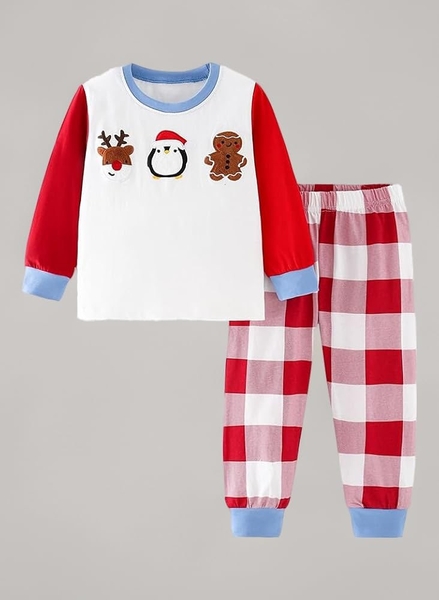 Bộ cotton Malwee Giáng sinh trắng phối đỏ quần caro