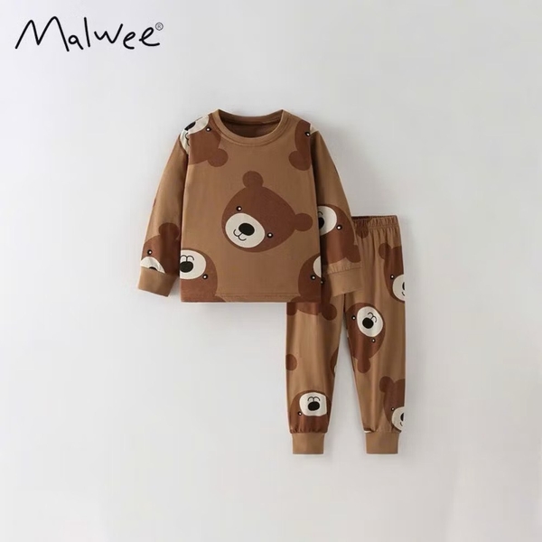 Bộ cotton Malwee dài tay hoạ tiết gấu nâu