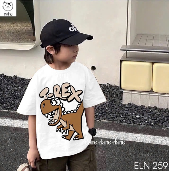 Bộ khủng long T-Rex áo cotton cộc tay TRẮNG quần kaki nâu Elaine