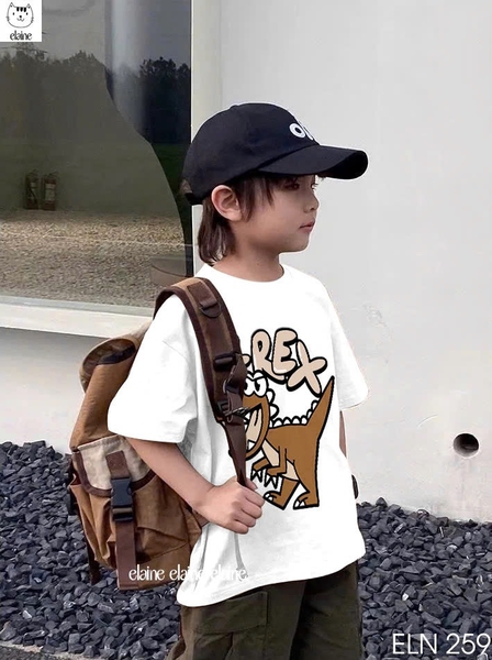 Bộ khủng long T-Rex áo cotton cộc tay TRẮNG quần kaki nâu Elaine