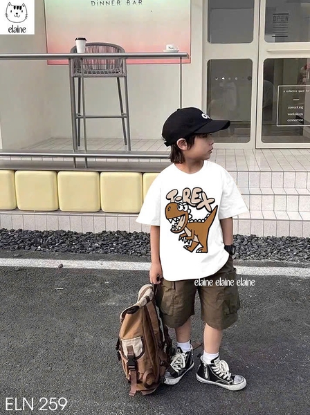 Bộ khủng long T-Rex áo cotton cộc tay TRẮNG quần kaki nâu Elaine