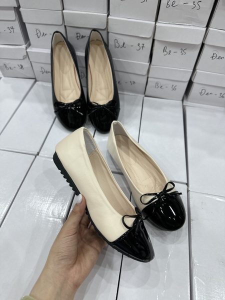Giày búp bê đế bệt gắn nơ 2 màu đen, be cho nữ