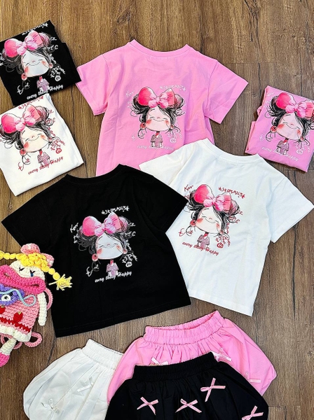 Áo phông Size 8-14Y in hình cô gái Win-Win cộc tay 3 màu đen, trắng, hồng