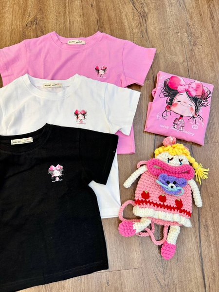 Áo phông Size 3-7Y in hình cô gái Win-Win cộc tay 3 màu đen, trắng, hồng