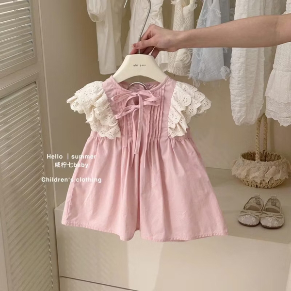 Váy thô babydoll tay cánh tiên phối ren HỒNG cổ nơ cho bé