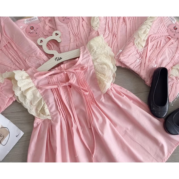 Váy thô babydoll tay cánh tiên phối ren HỒNG cổ nơ cho bé