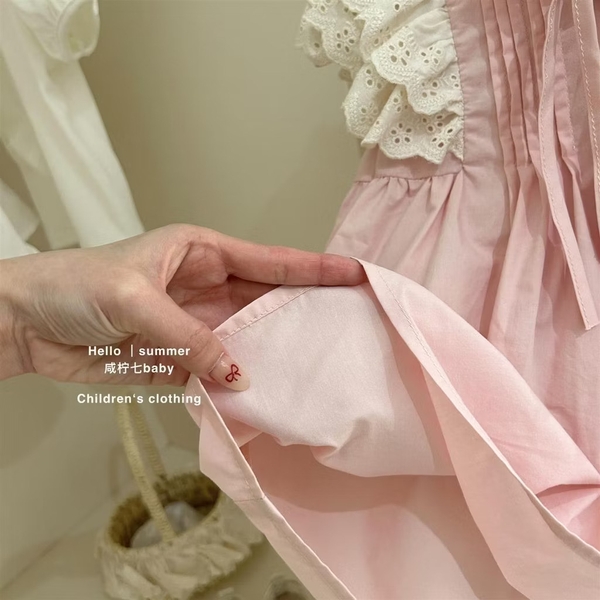 Váy thô babydoll tay cánh tiên phối ren HỒNG cổ nơ cho bé