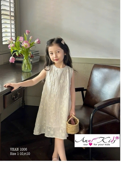 Váy sát nách ren trắng nơ lưng Anni Kids dáng suông