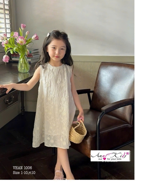 Váy sát nách ren trắng nơ lưng Anni Kids dáng suông