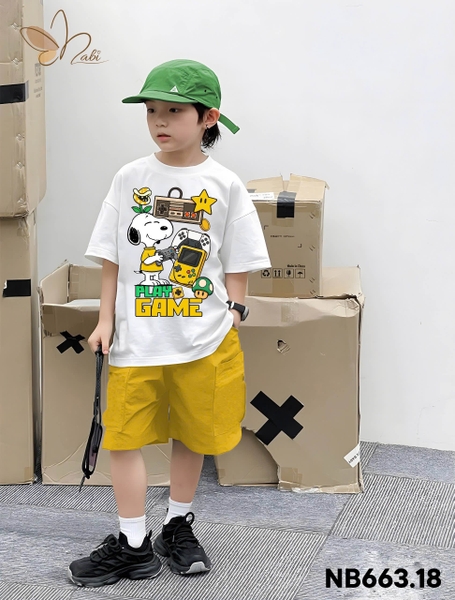 Bộ cộc tay Snoopy Play Game Nabi áo TRẮNG quần short vàng