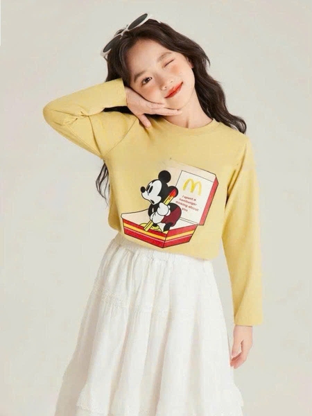 Bộ áo cotton dài tay Mickey vàng chân váy trắng hãng Elaine