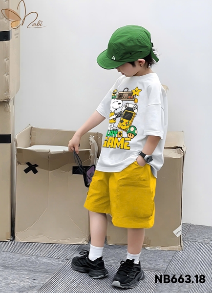 Bộ cộc tay Snoopy Play Game Nabi áo TRẮNG quần short vàng