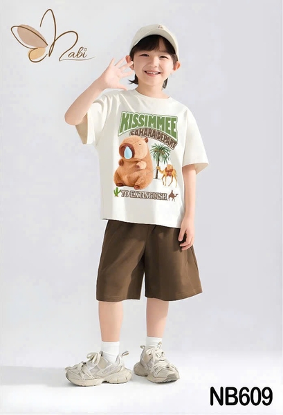 Bộ cộc tay Capybara Kissimmee Nabi áo trắng quần short nâu