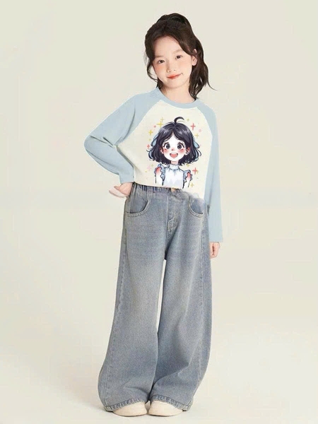 Bộ cotton raglan áo trắng xanh hình cô gái mix quần jean hãng Elaine