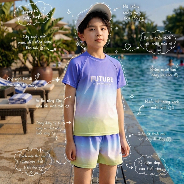 Bộ bơi Future Ylike cộc tay bé trai 2 màu xanh loang