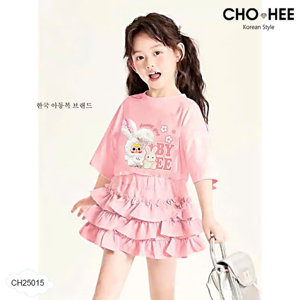 Bộ cộc tay Baby Three Cho Hee màu HỒNG chân váy tầng