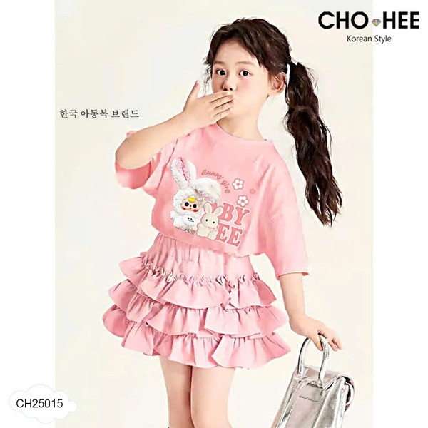 Bộ cộc tay Baby Three Cho Hee màu HỒNG chân váy tầng