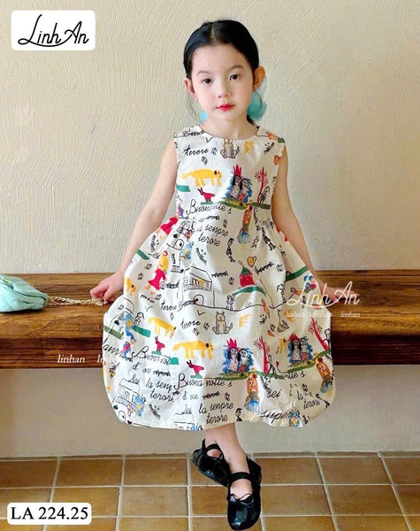 Váy sát nách thô họa tiết hình vẽ nền TRẮNG Linh An