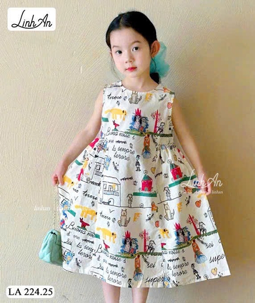 Váy sát nách thô họa tiết hình vẽ nền TRẮNG Linh An