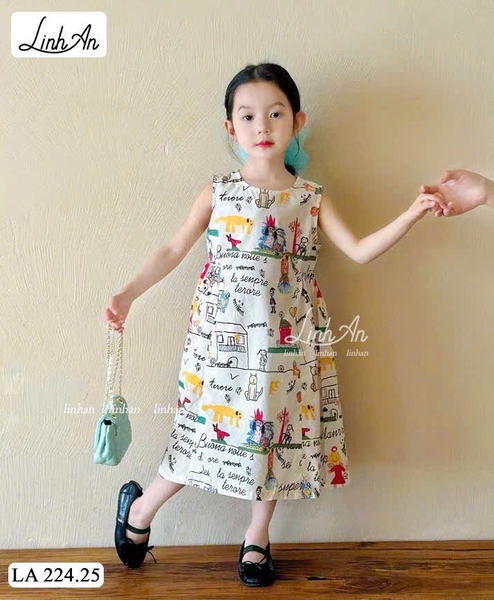 Váy sát nách thô họa tiết hình vẽ nền TRẮNG Linh An